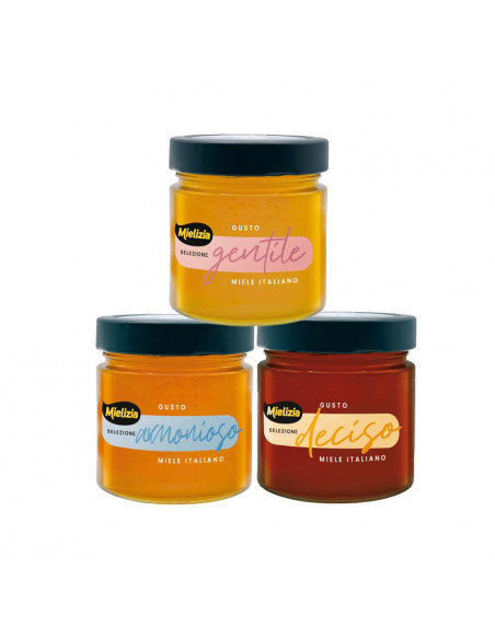 Cofanetto regalo "Selezione" - 3 vasetti da 300g di miele italiano e spargimiele in legno