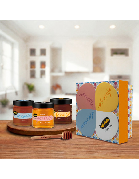 Cofanetto regalo "Selezione" - 3 vasetti da 300g di miele italiano e spargimiele in legno